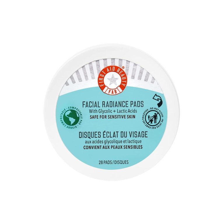 First Aid Beauty Facial Radiance Pads with Gycloic Lactic Acids Daily Exfoliating Pads with AHA that Help Tone Brighten Skin Makeup Routine Prep Compostable for Daily Use 28 Count
