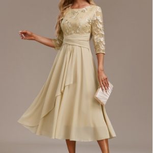 Champagne Embroidery 3/4 Sleeve Round Neck Dress
