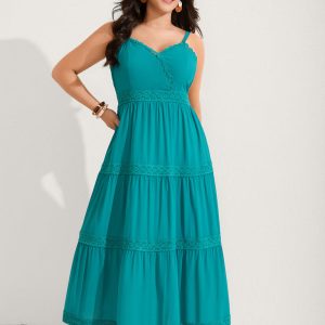 Deep V-Neck Lace Tiered Midi Dress
