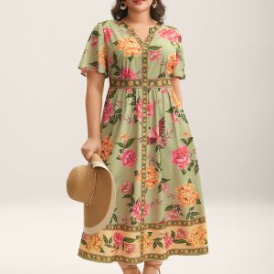 Floral Contrast Hem Split Neck Midi Dress