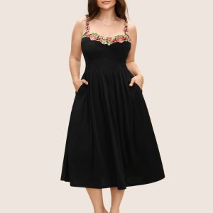 Floral Embroidered Pocket Midi Cami Dress
