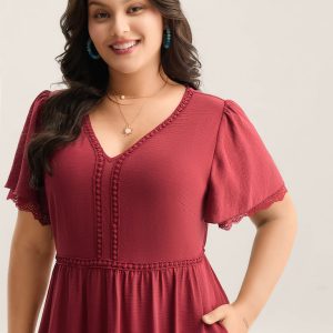 Lace Trim Neck Sheer Pockets Maxi Dress