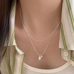 Silver Layered Baroque Pearl Drop Necklace