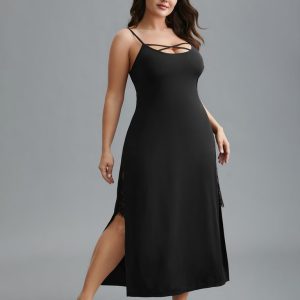 Solid Crisscross Lace Trim Slit Hem Sleep Dress